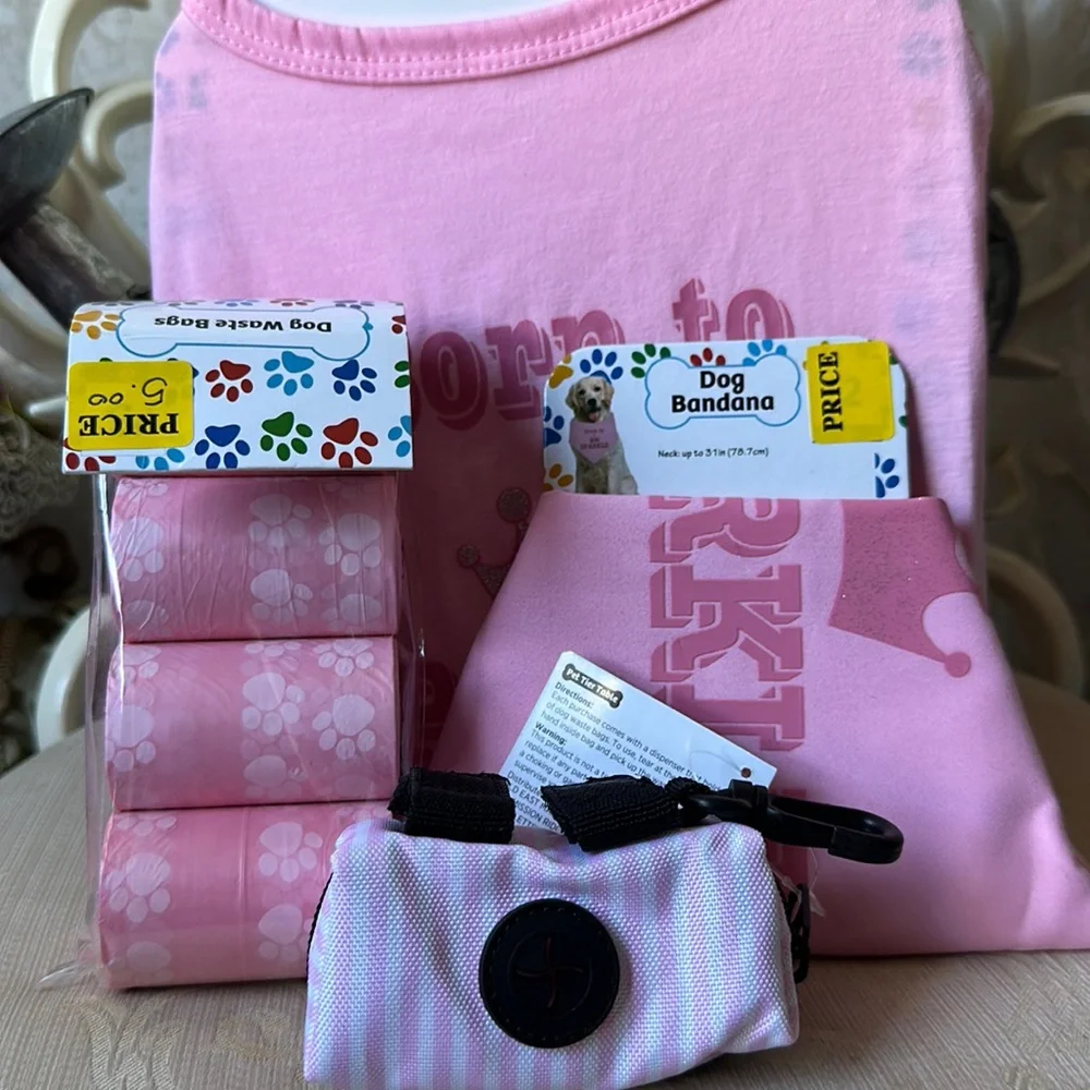 NWT DOG FEMALE SHIRT WITH MATCHING BANDANNA Born to sparkle, poop bags, & holder - Picture 1 of 8